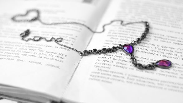 Обои на рабочий стол Ожерелье с фиолетовыми камнями лежит на раскрытой книге