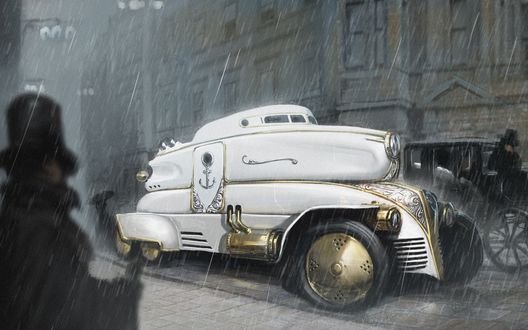 Обои на рабочий стол Белый автомобиль в стиле Steampunk / Стимпанк с якорем на двери едет по улице под дождем, художник Pierre Raveneau (Asahisuperdry)