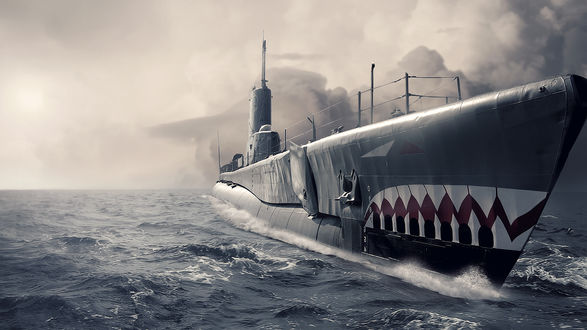 Обои на рабочий стол Всплывшая на поверхность моря, подводная лодка