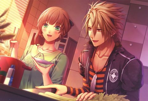 Обои на рабочий стол Heroine / Героиня из аниме Amnesia / Амнезия и Toma / Тома готовят обед