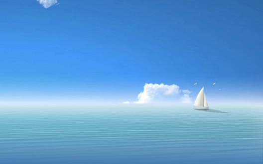 Обои на рабочий стол Кораблик с белым парусом посреди моря