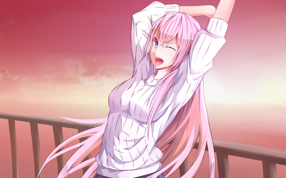 Обои для рабочего стола Вокалоид Мегуне Лука / Vocaloid Megune Luka в белом свитере потягивается возле ограждения