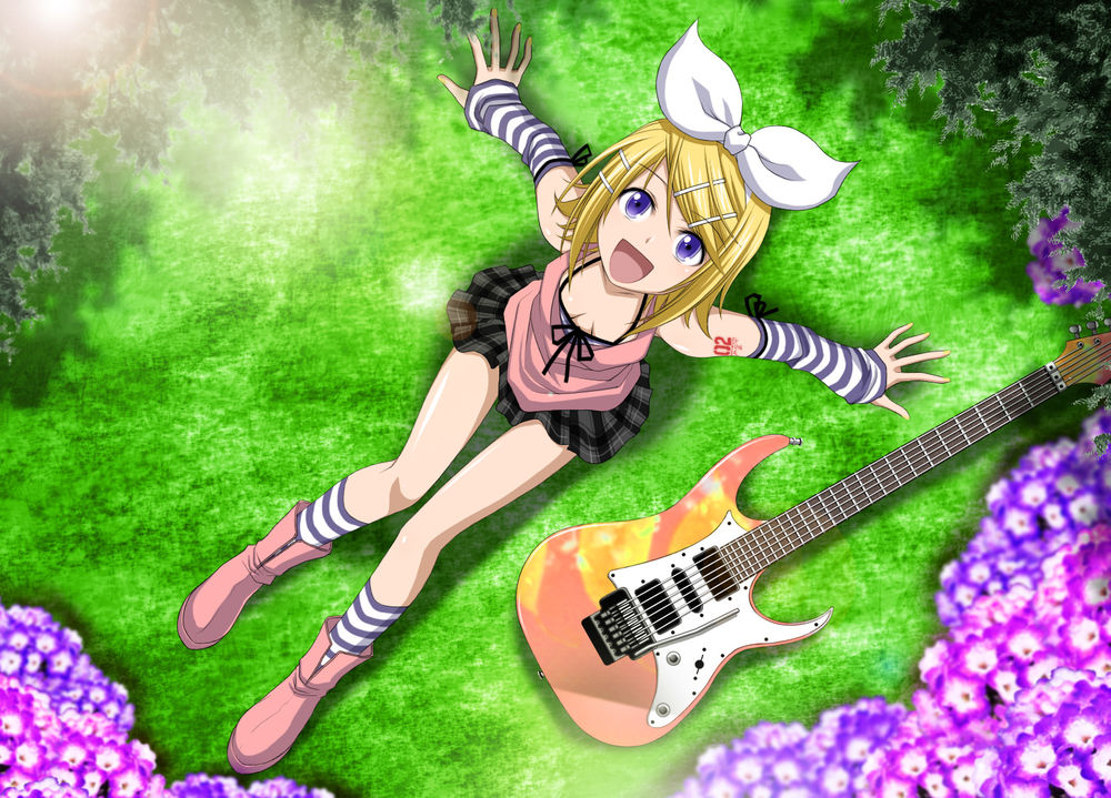 Обои для рабочего стола Vocaloid Kagamine Rin / вокалоид Кагаминэ Рин сидя на поляне смотрит вверх, возле нее лежит гитара (художник Kuromayu)