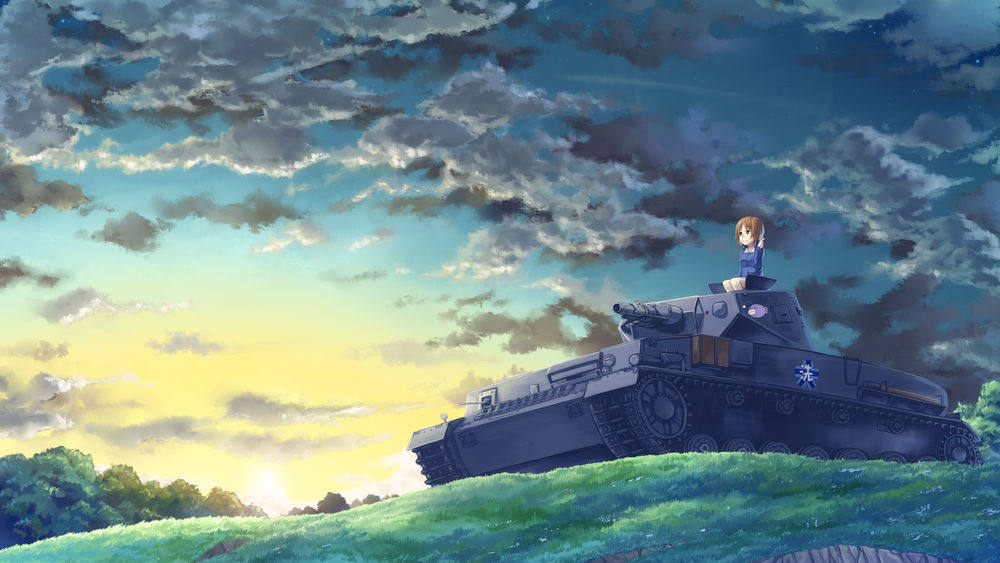 Обои для рабочего стола Miho Nishizumi / Михо Нисидзуми сидит на башне танка на фоне рассвета и облачного неба из аниме Girls und Panzer / Девушки и танки / Танкистки (художник Kasei (xyz) )
