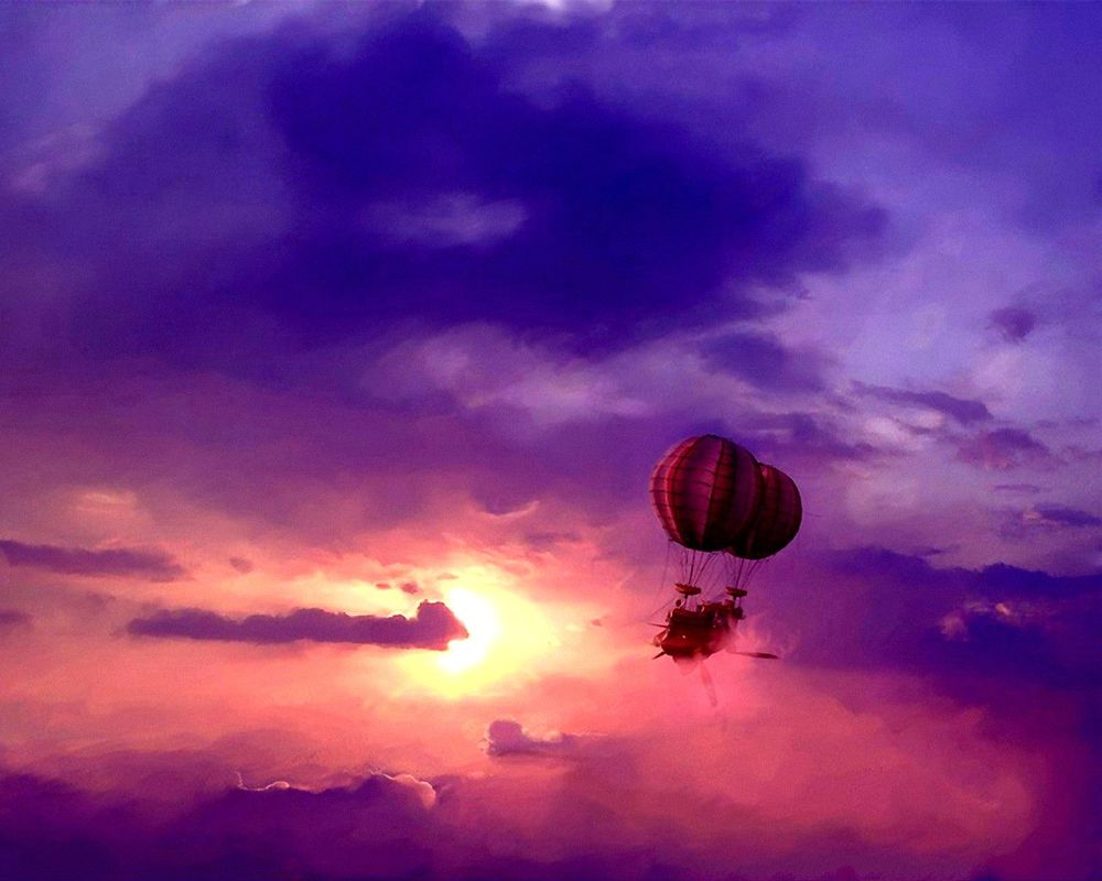 Обои для рабочего стола Корабль на воздушных шарах в пурпурно-розовом небе, на закате