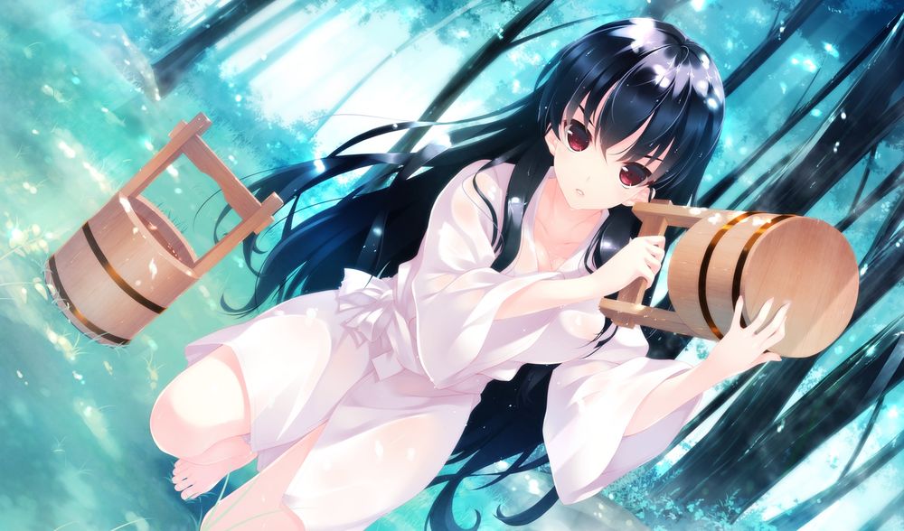 Обои для рабочего стола Okushiro Yuki стоя на коленях вылила на себя ведро с водой, рядом стоит еще одно, из игры - визуальной новеллы Shoujo Shiniki ~ Shoujo Tengoku -The Garden of Fifth Zoa (художник Hayakawa Harui)