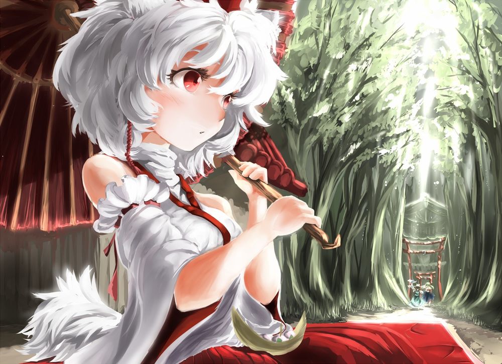 Обои для рабочего стола Inubashiri Momiji / Момидзи Инубасири стоит с зонтом в руках, к ней из далека бегут Moriya Suwako / Сувако Мория и Kochiya Sanae / Санае Кочия из серии компьютерных игр Тохо / Touhou Project (художник Rikkido)