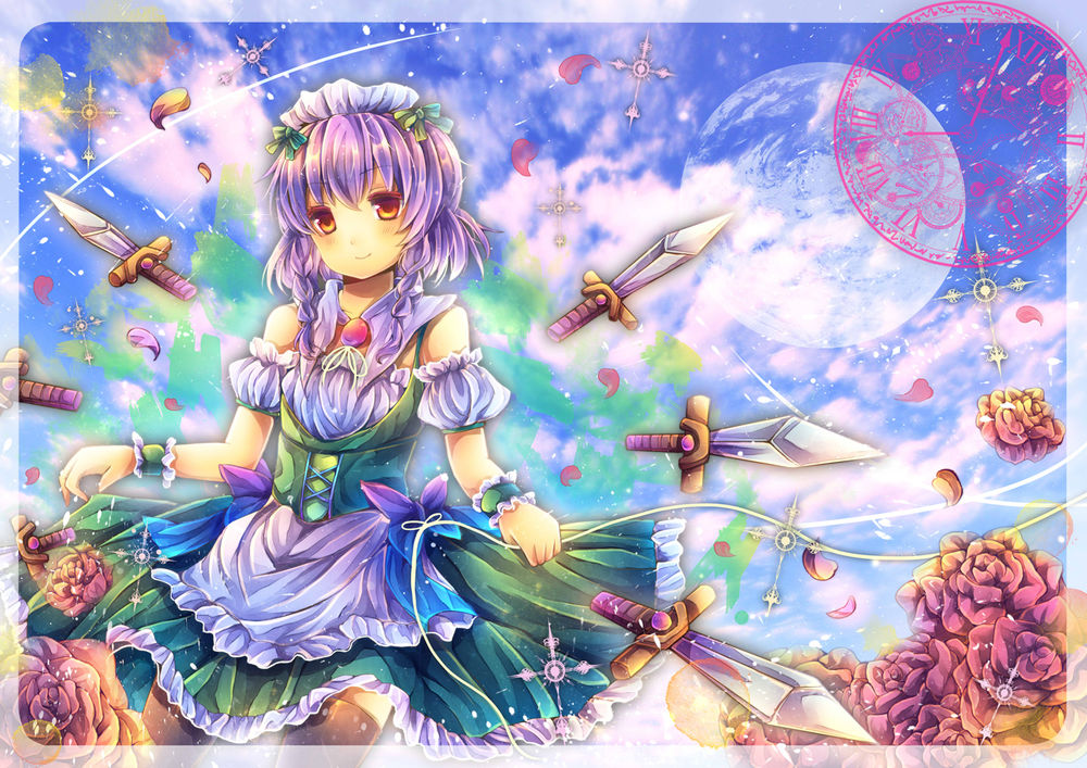Обои для рабочего стола Izayoi Sakuya / Сакуя Изаеи стоит в окружении заклинания летающих кинжалов из серии компьютерных игр Тохо / Touhou Project (художник Pjrmhm Coa)