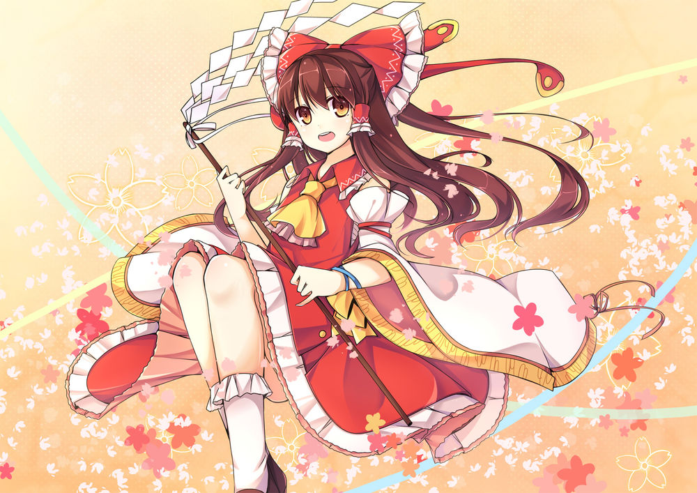 Обои для рабочего стола Hakurei Reimu / Рейму Хакурей из серии компьютерных игр Тохо / Touhou Project (художник Amemiya Ruki)