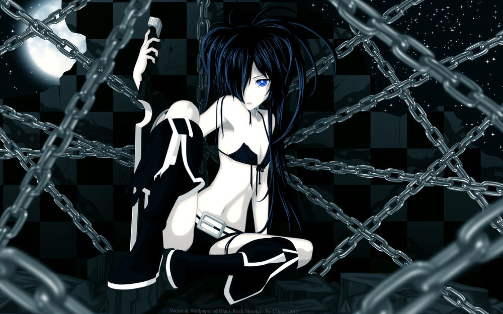 Обои для рабочего стола Mato Kuroi / Мато Курои (Black Rock Shooter) сидит ночью в развалинах, отовсюду свисают железные цепи из аниме Black Rock Shooter / Стрелок с Черной скалы