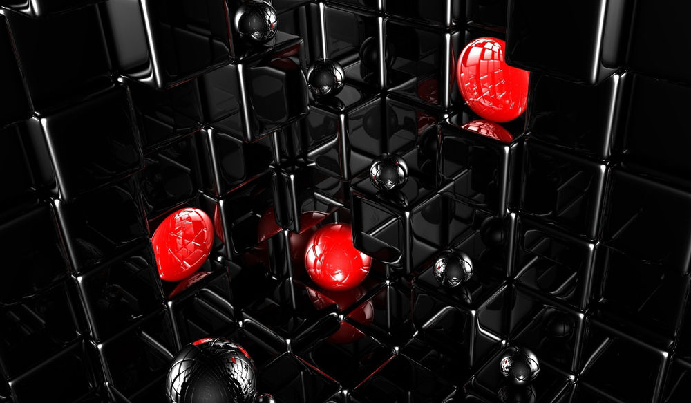 Обои для рабочего стола Красные шарики в трехмерном лабиринте на черном фоне