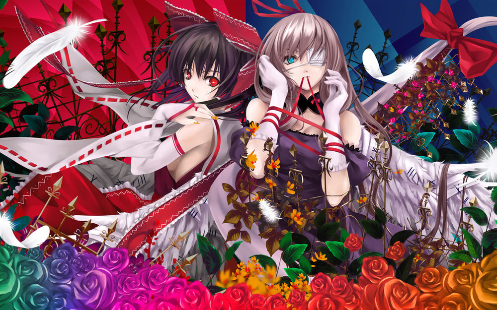 Обои для рабочего стола Hakurei Reimu & Yukari Yakumo / Хакурэй Рэйму и Юкари Якумо с повязкой на глаз, обмотанная красной лентой, из игры Проект Восток / Тохо / Touhou Project стоят среди разноцветных роз