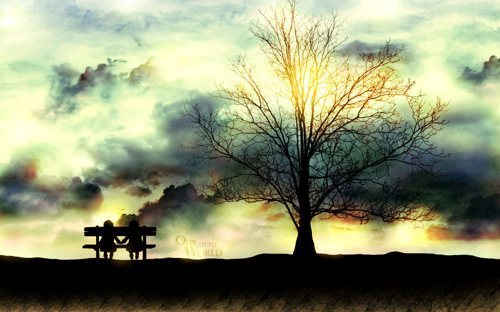 Обои для рабочего стола Мальчик и девочка сидят на скамейке возле дерева, взявшись за руки (Our little World / Наш маленький Мир)
