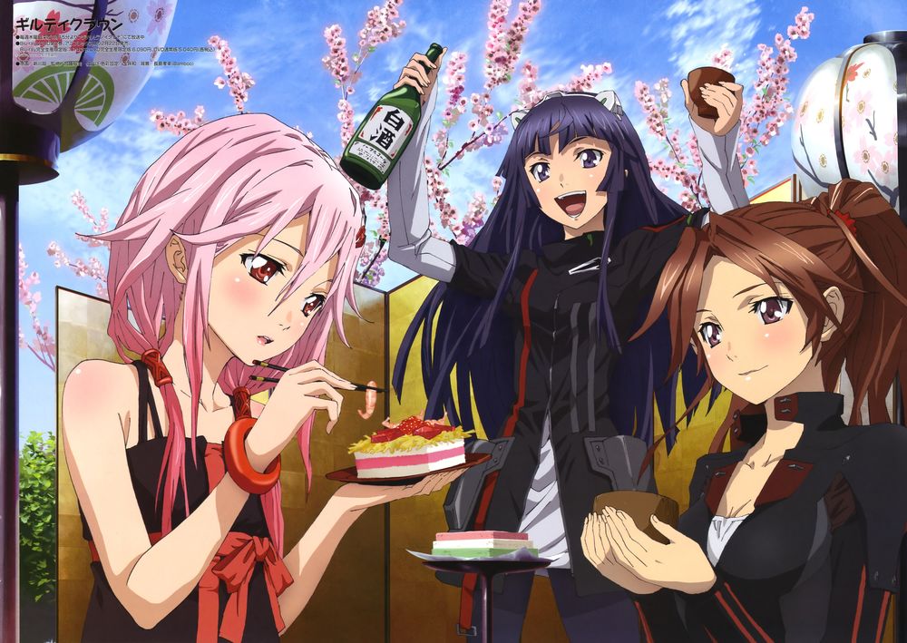 Обои для рабочего стола Yuzuriha Inori / Юдзуриха Инори, Tsugumi / Цугуми и Ayase Shinomiya / Аясе Шиномия что-то празднуют из аниме Guilty Crown / Венец Вины