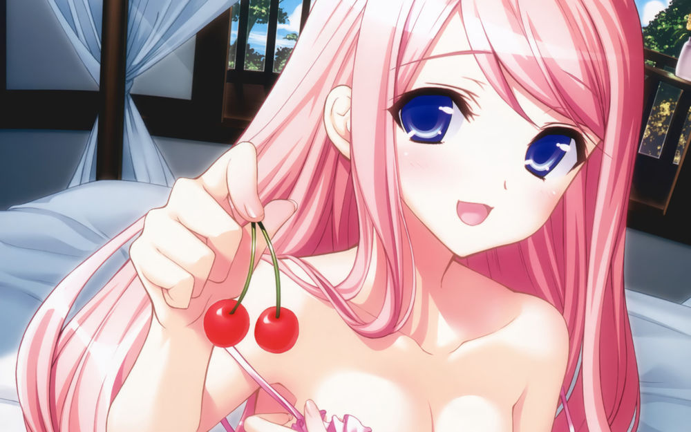 Обои для рабочего стола Sakura Nanako / Сакура Нанако сидит на кровати и держит в руке веточку с двумя вишенками, из игры - визуальной новеллы Sakura Sakura / Сакура Сакура (художник Kasukabe Akira)