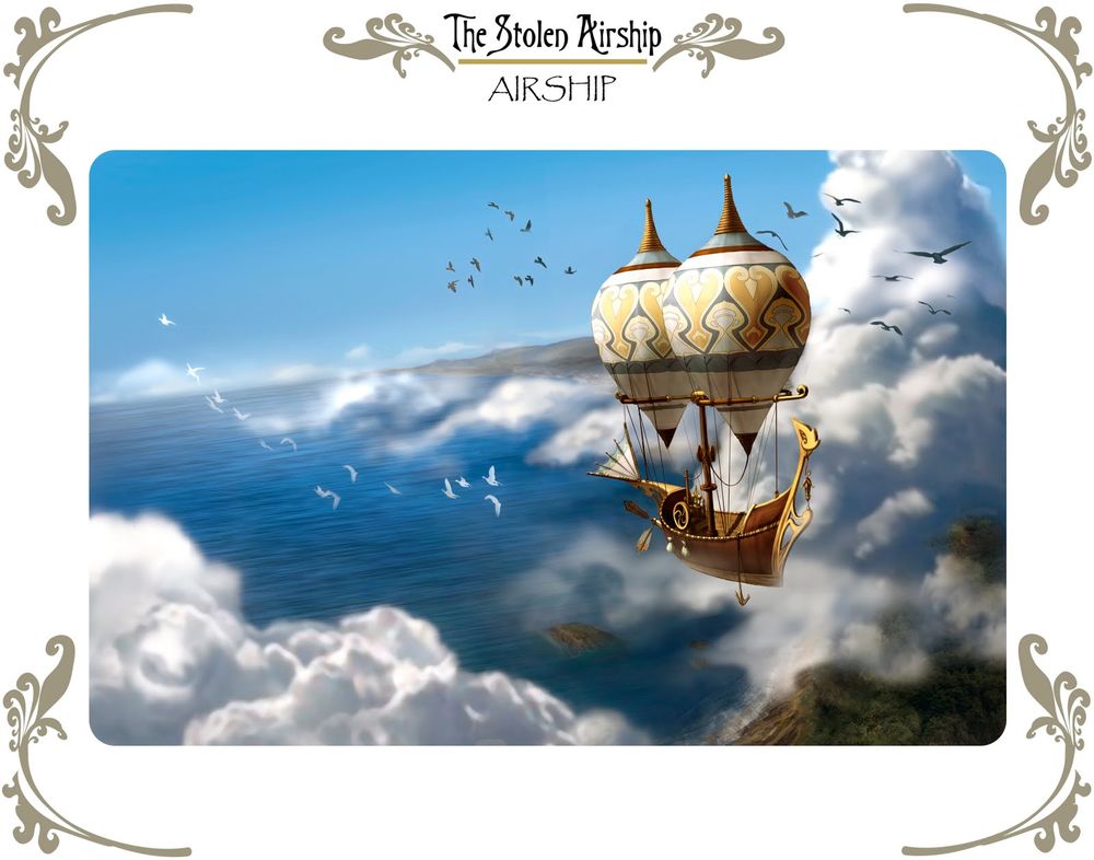 Обои для рабочего стола Дирижабль в облаках пролетает над островами посреди океана в окружении птиц, The Stolen Airship / Похищенный дирижабль, художник-мультипликатор Yumiko Sonoyama