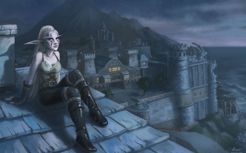 Обои для рабочего стола Ночная эльфийка сидит на крыше одного из домов Штормграда и смотрит в ночь / Арт к игре World of Warcraft