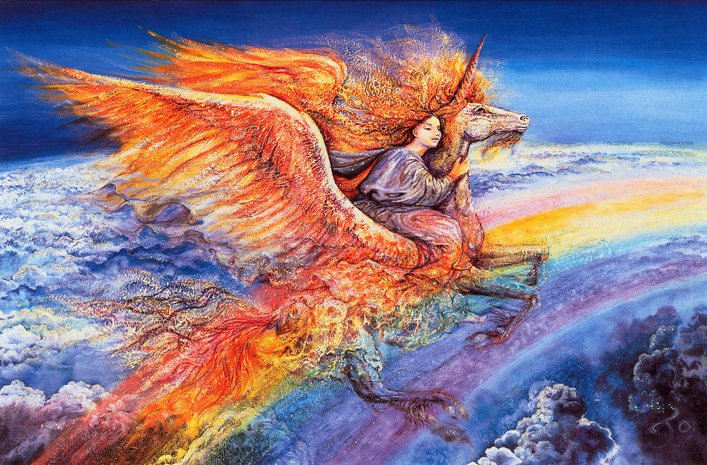 Обои для рабочего стола Девушка верхом на огненном пегасе летит над землей и радугой / рисунок на холсте художницы Жозефины Уолл / Josephine Wall
