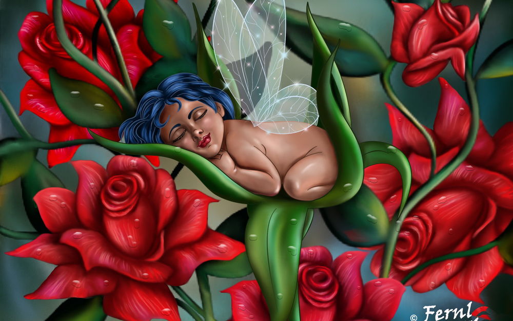 Обои для рабочего стола Младенец с синими волосами, прозрачными крылышками ангелочка, спящий на зеленых листьях в окружении красных цветов
