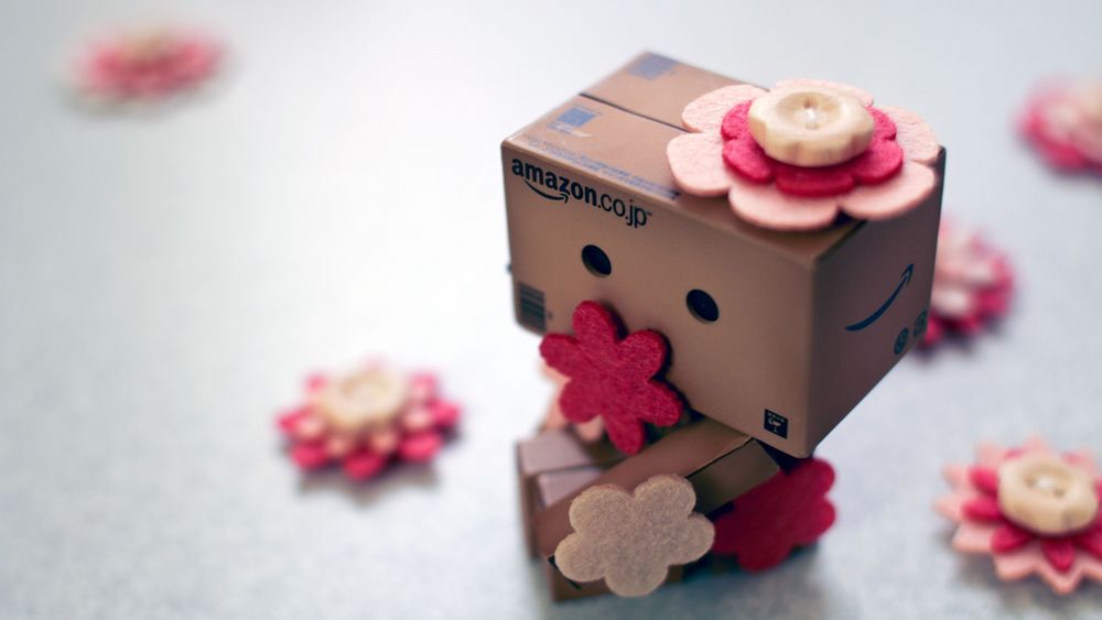 Обои для рабочего стола Коробочка Danbo / Данбо с розовыми цветами из материала