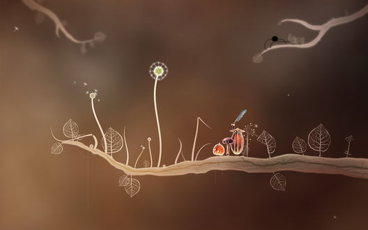 Обои на рабочий стол Персонажи компьютерной игры Botanicula / Ботаникула, студии Amanita design / Мухомор дизайн, сидят на ветке среди листьев на коричневом фоне