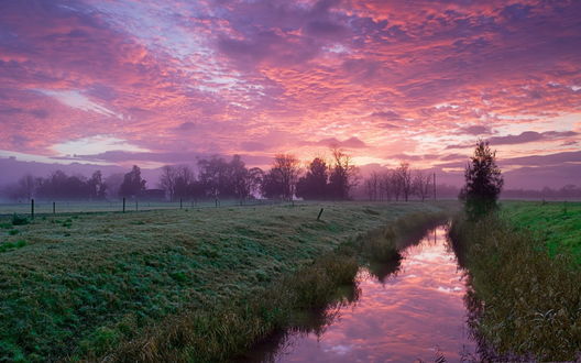 Обои на рабочий стол Заходящее солнце осветило розовым светом облака, которые отразились на водной поверхности неширокого ручья, проходящего по зеленому лугу