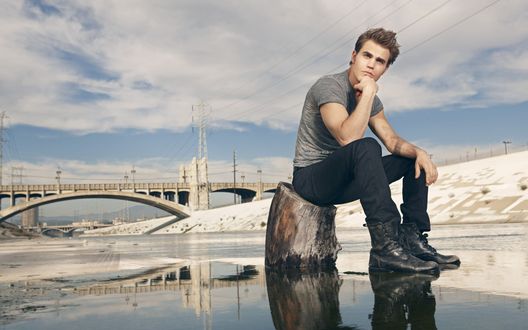 Обои на рабочий стол Американский киноактер Пол Уэсли / Paul Wesley) сидит на пеньке моста
