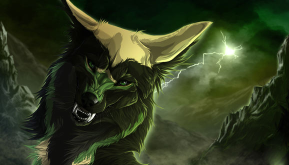 Обои на рабочий стол Оскал волка в свете ярких молний, мультфильм Wolfs Rain / Волчий дождь