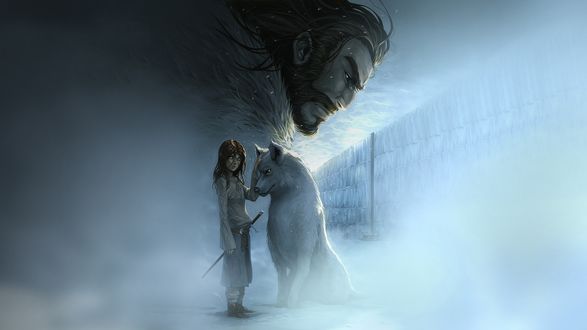 Обои на рабочий стол Arya Stark / Ария Старк с волчицей Nymeria / Нимерией, над ними лик ее отца, арт на Игра престолов / Game of Thrones