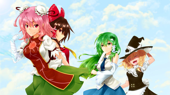 Обои на рабочий стол Kasen Ibara / Касен Ибара, Reimu Hakurei / Рейму Хакурей, Sanae Kochiya / Санае Кочия и Marisa Kirisame / Мариса Кирисаме девушки из серии компьютерных игр Тохо / Touhou Project / художник tsukidaruma