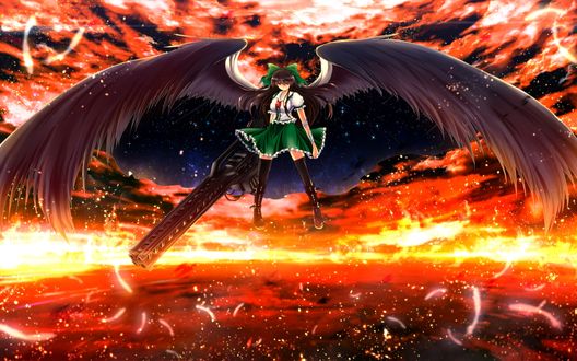 Обои на рабочий стол Utsuho Reiuji / Уцухо Рейудзи / раса - Адская ворона / парит в воздухе распахнув черные крылья из серии компьютерных игр Тохо / Touhou Project / художник nekominase