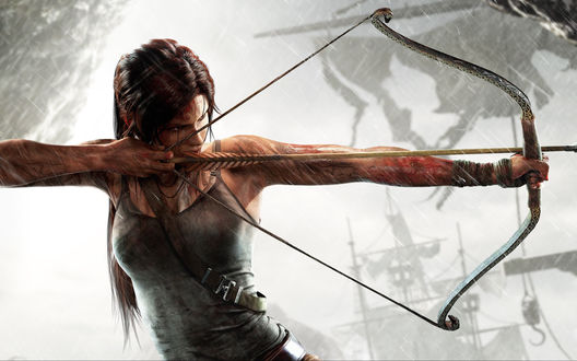 Обои на рабочий стол Лара Крофт / Lara Croft целится из лука, из игры Tomb Raider / Расхитительница гробниц