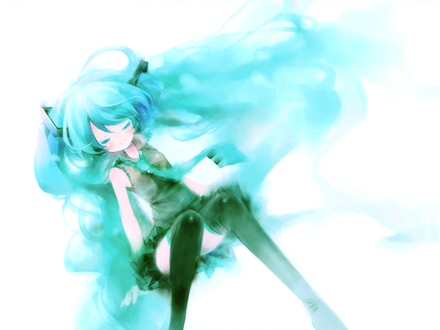 Обои на рабочий стол Vocaloib Hatsune Miku / Вокалоид Хатсуне Мику с закрытыми глазами на белом фоне, акварель
