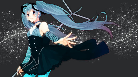Обои на рабочий стол Vocaloid Hatsune Miku / Вокалоид Хатсуне / Хацунэ Мику с микрофонной стойкой в руке, на сером фоне с белыми брызгами