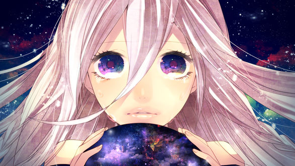 Обои на рабочий стол Плачущая Vocaloid IA / Вокалоид Ия с планетой в руках и космосом в глазах, на фоне космоса