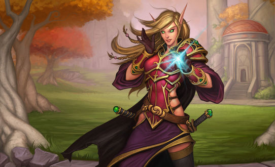 Обои на рабочий стол Эльфийка крови на фоне лесов Вечной песни / арт к игре world of warcraft