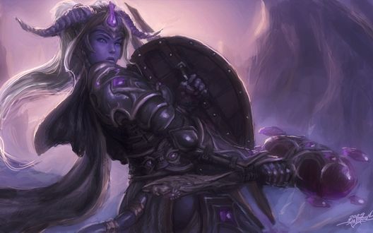 Обои на рабочий стол Дренейка с щитом и молотом / арт к игре world of warcraft