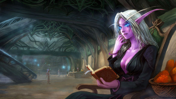 Обои на рабочий стол Ночная эльфийка читает книгу о кулинарии / арт к игре world of warcraft
