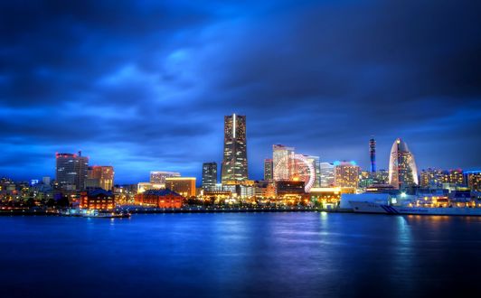 Обои на рабочий стол Вид на ночной город Йокогама, Япония / Yokohama, Japan
