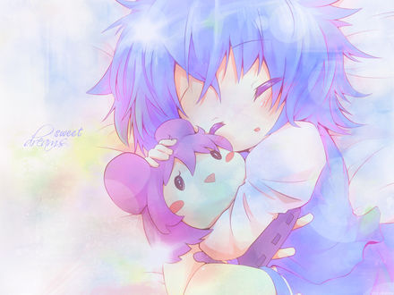 Обои на рабочий стол Tatara Kogasa / Когаса Татара спит в обнимку с Назрин / Nazrin, из Тохо / Touhou Project (sweet dreams / сладкие сны)