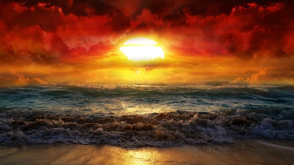 Обои на рабочий стол Удивительный закат над пенящимся морем