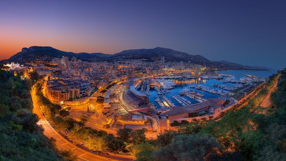 Обои на рабочий стол Монако / Monaco перед рассветом с высоты птичьего полета