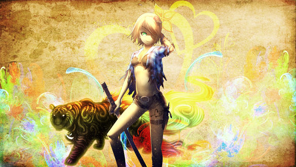 Обои на рабочий стол Vocaloid Kagamine Rin / Вокалоид Кагамине Рин с повязкой на глаз, в рваной клетчатой рубашке, коротких шортах и лифчике, с кобурой и нарисованным сердечком, проткнутым стрелой, на ляжке, с катаной в руке, с демоническим тигром, стоит на фоне стены с яркими красочными разводами и желтыми сердечками