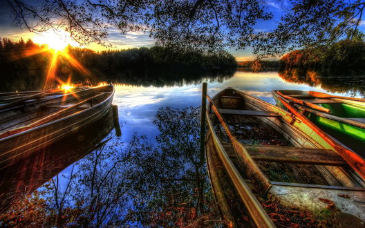 Обои на рабочий стол Утреннее восходящее солнце, взошедшее из-за верхушек деревьев, осветило своими яркими лучами берег озера со стоящими на нем деревянными лодками, отражающимися в водной поверхности ветками деревьев, стоящих на берегу