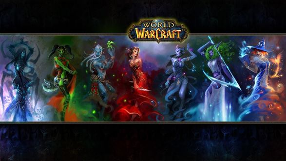 Обои на рабочий стол Женские персонажи разных рас рядом с логотипом игры World Of Warcraft