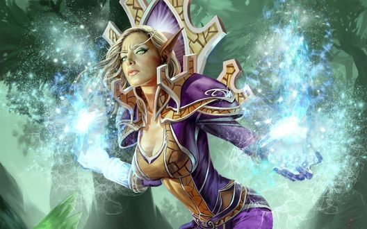 Обои на рабочий стол Маг эльфийка крови в лесу / арт к игре World Of Warcraft