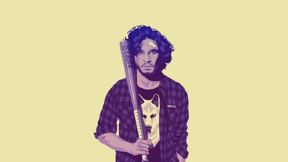 Обои на рабочий стол Арт на Jon Snow / Джона Сноу, чью роль исполняет Кит Харингтон / Keith Harrington, в сериале Игра престолов / Game of Thrones, держит в руках биту, в футболке с изображением морды волка