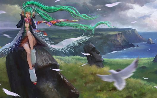 Обои на рабочий стол Vocaloid Hatsune Miku / Вокалоид Хатсуне Мику слушает музыку, приложив руки к наушникам, сидя на каменной голове, которая стоит в траве, рядом летает птица, кружат перья