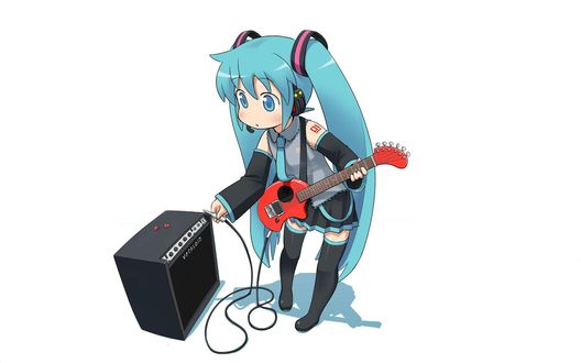 Обои на рабочий стол Vocaloid Hatsune Miku / Вокалоид Хатсуне Мику подсоединяет провод гитары к усилителю