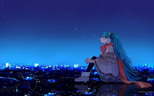 Обои на рабочий стол Vocaloid Hatsune Miku / Вокалоид Хатсуне Мику сидит на крыше, любуясь звездным небом и ночным городом